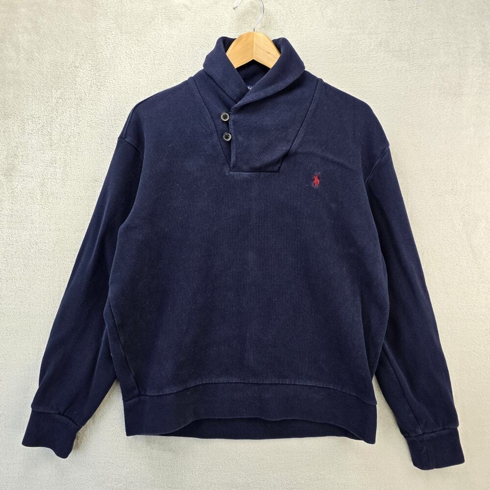 Polo Ralph Lauren Mens Large Navy Blue Shawl Neck Cowl Sweater Elbow Patch